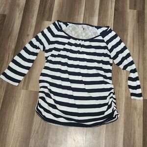 Mom's The Word Longsleeve Blue and White Striped Top With Lace Back Size XL